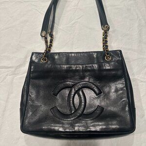 CHANEL CC Logo Lamb Skin Leather Black Tote Bag Shoulder Bag